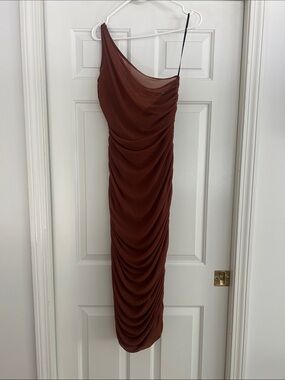 Lulu's One-Shoulder Ruched Midi Dress in Burnt Copper
